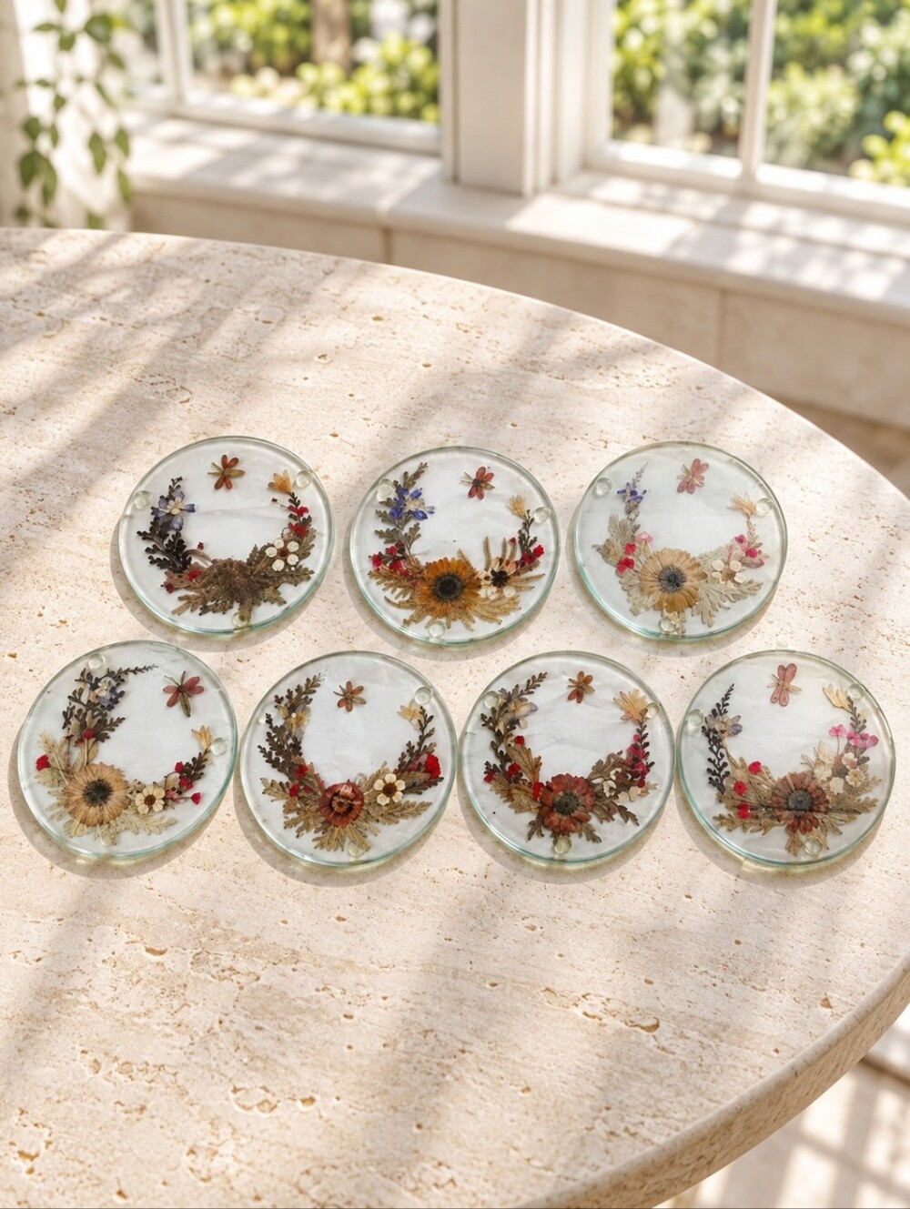 Vintage Pressed Flower Glass Coasters Set of 7 Botanical Butterfly 4"